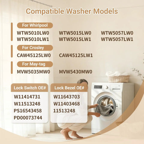 Compatible washer models list with visual of child loading washing machine. Models include WTW5010LW1, WTW5057LW0, MVW5430MW0.