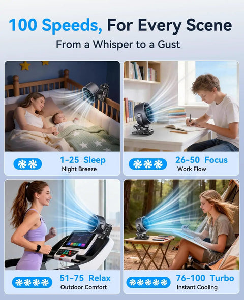 Rechargeable Clip On Fan 4000mAh With 100 Speed Touch Control LED Display in various settings: sleep, work, gym, outdoors.