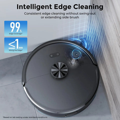 Self Emptying Robot Vacuum and Mop With 6000Pa Suction No Tangling LiDAR Multi Floor Mapping 90 Day Hands Free Cleaning App Control Alexa and Google Assistant for Pet Hair Carpet and Hard Floors shown in corner cleaning mode