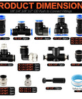 No Sweat Heavy Duty 70 Piece Quick Connect Pneumatic Fitting Assortment Kit 1/4 Inch Tube showing dimensions and types of fittings.