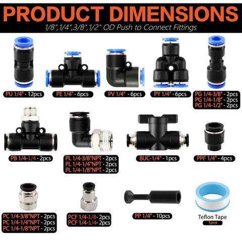 No Sweat Heavy Duty 70 Piece Quick Connect Pneumatic Fitting Assortment Kit 1/4 Inch Tube showing dimensions and types of fittings.