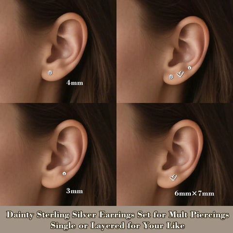 Three Pairs 925 Sterling Silver Stud Earrings Set For Women Hypoallergenic CZ Ball And Heart Mini Studs For Second Hole, 4mm