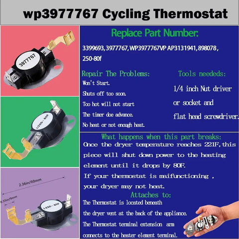 Dryer Thermostat And Thermal Fuse Kit With 3387134 Thermostat And 3977393 3392519 Fuses 3977767 Thermostat For Whirlpool Kenmore DIY info