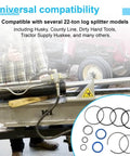 Heavy Duty Pro Grade Hydraulic Log Splitter Cylinder Rebuild Seal Kit For 4.5 Inch Bore And 1.75 Inch Rod Cylinders Pack Of 11 Seals shown next to a log splitter in use.
