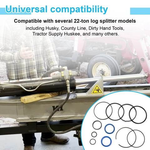 Heavy Duty Pro Grade Hydraulic Log Splitter Cylinder Rebuild Seal Kit For 4.5 Inch Bore And 1.75 Inch Rod Cylinders Pack Of 11 Seals shown next to a log splitter in use.
