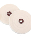 Two Pieces Of Versatile Cotton Polishing Buffing Wheels For Fast Bench Grinder Work That Delivers A Blinding Mirror Finish On Wood Metal And Stone Surfaces Every Single Time, featuring beige cotton material.