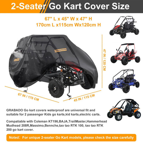 Heavy Duty Waterproof 420D Go Kart Cover For Two Seaters with air vent, reflective handles, and windproof buckles, shown covering a go kart