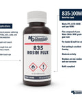 835 Liquid Rosin Flux For Leaded And Lead Free Soldering 125 Milliliter Bottle shown with application details and specifications