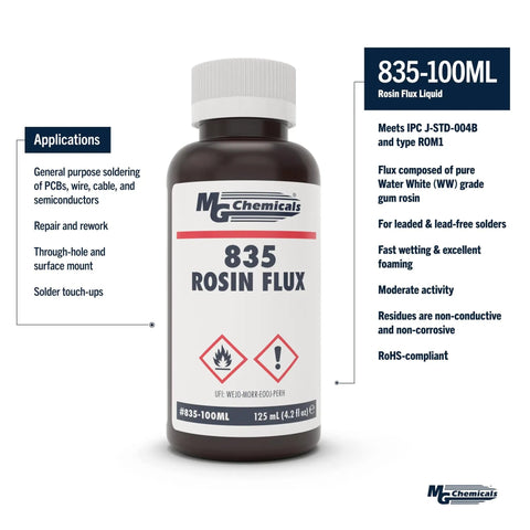 835 Liquid Rosin Flux For Leaded And Lead Free Soldering 125 Milliliter Bottle shown with application details and specifications