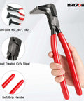 Three Piece Sheet Metal Bending Pliers Set With Straight 45 Degree And 90 Degree Jaws For Roofers And Plumbers displayed in hand