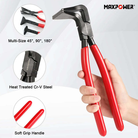 Three Piece Sheet Metal Bending Pliers Set With Straight 45 Degree And 90 Degree Jaws For Roofers And Plumbers displayed in hand