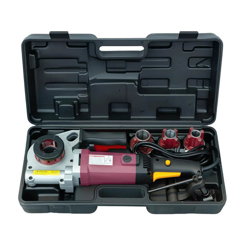 Heavy Duty Electric Pipe Threader Kit With Four Replaceable Steel Dies For One Half To One Inch Four Inches Pipes 28 Rpm No Load Speed And Included Carry Case for professional plumbing.