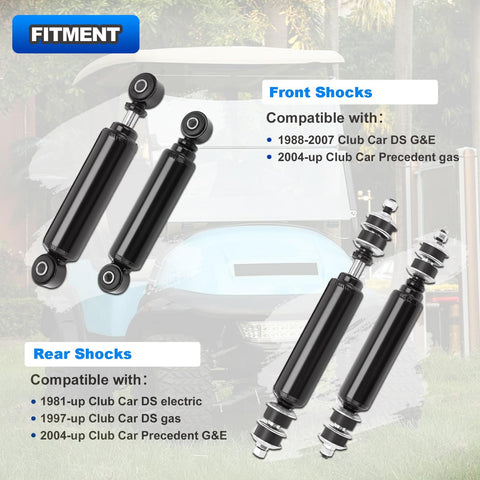 Club Car Front And Rear Golf Cart Shock Absorbers Replacements For DS G And E From 1988 Through 2007 And Precedent G And E From 2004 Up With OEM Part Numbers 1014235 1015813 1014236 1010991