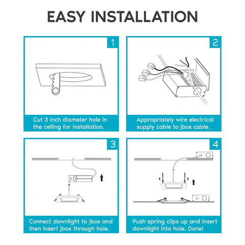Easy installation guide for Lit 3 Inch Square Ultra Thin LED Recessed Light With Junction Box Kit Dimmable Wafer Fixture 8W 540 Lumens