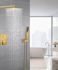 Brushed Gold 10 Inch Shower System With Rain Shower Head And Handheld Spray Wall Mounted High Pressure Mixer