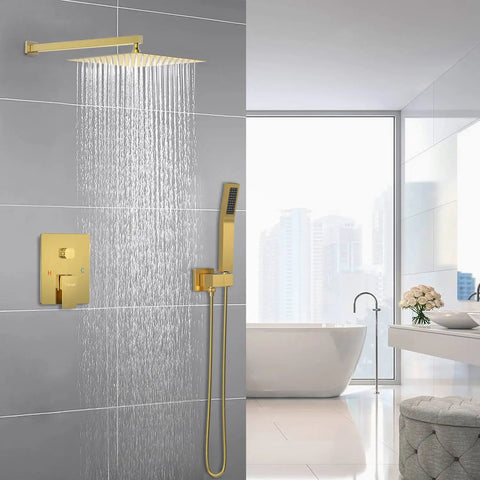 Brushed Gold 10 Inch Shower System With Rain Shower Head And Handheld Spray Wall Mounted High Pressure Mixer