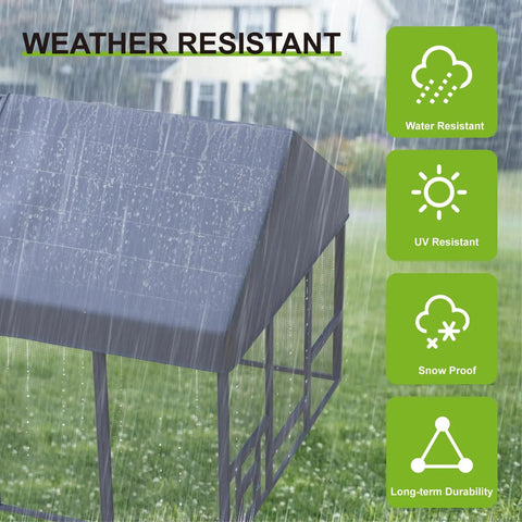Walk In Wooden Chicken Coop For 10 To 12 Chickens With Large Outdoor Run Predator Proof Galvanized Mesh Covered Poultry Cage includes feeder and easy access doors. Roof showing weather resistance.