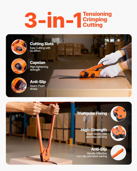 Heavy Duty Banding Sealer Tool Kit With 2000 Ft PET Strapping 600 Metal Seals 200 Corner Protectors And Plastic Pallet Packaging Gear For Warehouse Transportation And Home Use, manual strap tensioner on box