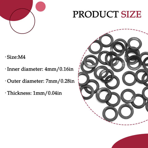 No Flex 100 Piece Set Of M4 Wedge Locking Washers Made From Tough Heavy Duty Black 65 Manganese Steel With A Double Sided Grip For Construction And Home Fixes size details including inner and outer diameters.