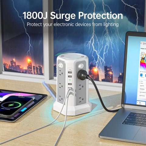 Surge Protector Power Strip Tower With PD18W USB C Port 10 ft Extension Cord 12 AC Outlets 5 USB Charging Ports on desk