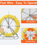 Heavy Duty Pro Grade Fiberglass Duct Rodder Fish Tape 6mm x 500ft Cable Puller with Durable Steel Stand, shown in operation.