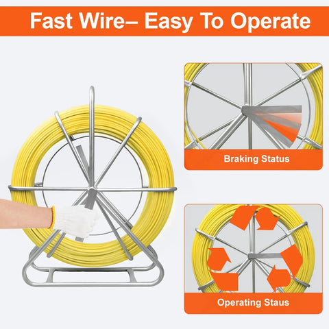 Heavy Duty Pro Grade Fiberglass Duct Rodder Fish Tape 6mm x 500ft Cable Puller with Durable Steel Stand, shown in operation.
