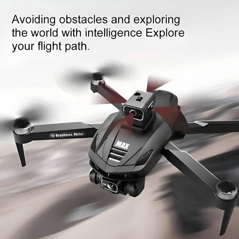 8K Camera Drone With Intelligent Obstacle Avoidance, Optical Flow Positioning, showing propellers and sensors in flight.
