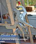 Four Piece Locking C Clamp Set With Fixed And Swivel Pads, 6 Inch Dual Pad, 9 Inch And 11 Inch, shown on a ladder outdoors