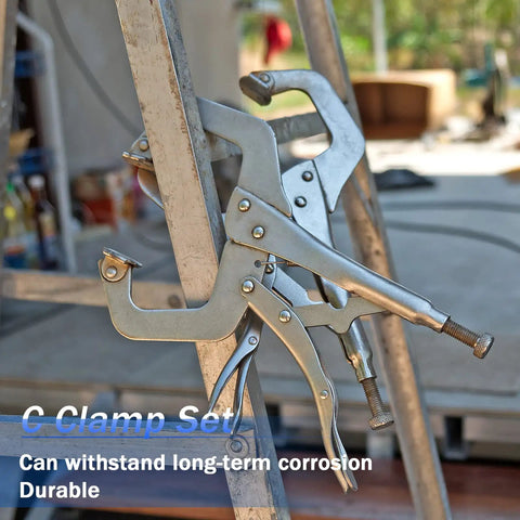 Four Piece Locking C Clamp Set With Fixed And Swivel Pads, 6 Inch Dual Pad, 9 Inch And 11 Inch, shown on a ladder outdoors