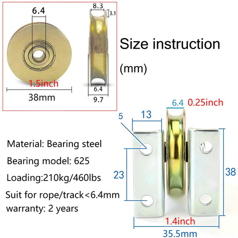 One And A Half Inch Beefy Bearing Wheel Wire Rope Pulley Block For Lifting With Bracket 200 LB Capacity Quiet Low Noise Rolling Guide Wheel For Indoor And Outdoor Use size instruction showing 1.5-inch bearing steel wheel and bracket dimensions