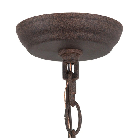 Close-up of the chain and ceiling mount of Dope Farmhouse Wood Pendant Chandelier For Dining Room And Kitchen Island Rustic Whitewashed Finish.