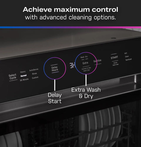 Compact Countertop Dishwasher With Smart Wifi Connectivity Six Wash Cycles Energy Star control panel showing delay start and extra wash options.