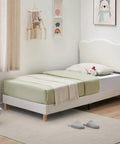 Super Chill Ultra Tough Twin Bed Frame For Kids Room Totally Comfy Berber Fleece Upholstery High Density Sponge Pad Easy Setup Low Rise Platform With Cool Beige in cozy kids room.