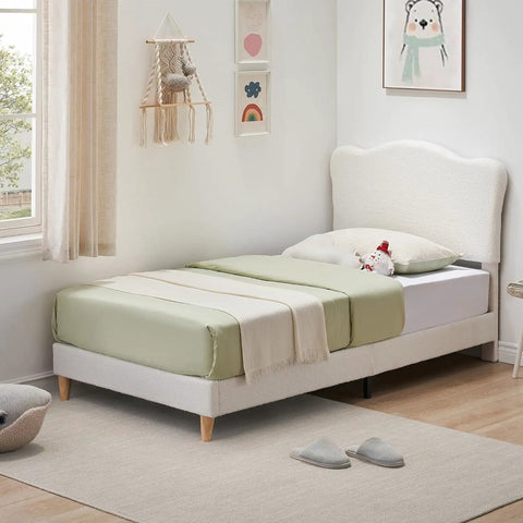 Super Chill Ultra Tough Twin Bed Frame For Kids Room Totally Comfy Berber Fleece Upholstery High Density Sponge Pad Easy Setup Low Rise Platform With Cool Beige in cozy kids room.