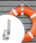 Sturdy Iron Sea Life Buoy Ring Hanger Rack With Hook For Pool Safety Gear Outdoor Use Heavy Duty Metal Bracket mounted on a wall.