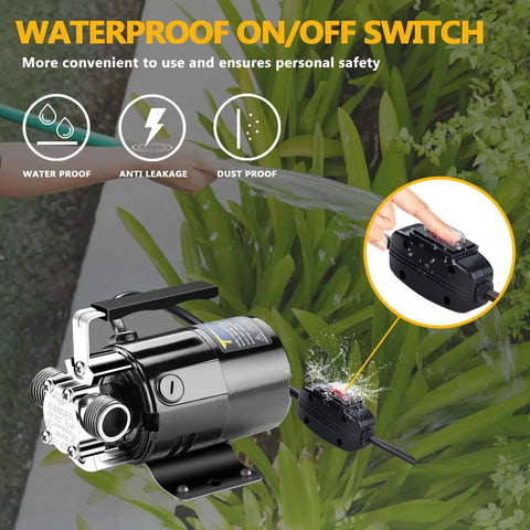 Tiny But Mighty Portable Water Transfer Pump 1/10 HP 330 GPH 115 Volt With On Off Switch And Hose Kit highlighting switch feature