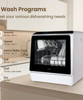 Compact Countertop Dishwasher With Six Wash Cycles And A Built In Five Liter Water Tank Needs Absolutely No Plumbing Hookups Fast Setup Delivers Top Tier Cleaning To Any Space Making Busy Routines An Absolute Breeze showing different wash program options.