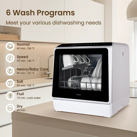 Compact Countertop Dishwasher With Six Wash Cycles And A Built In Five Liter Water Tank Needs Absolutely No Plumbing Hookups Fast Setup Delivers Top Tier Cleaning To Any Space Making Busy Routines An Absolute Breeze showing different wash program options.