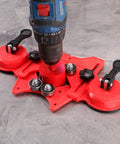 WORKEASE diamond tile hole saw kit with red suction-cup guide jig attached to a drill