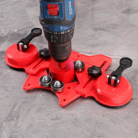 WORKEASE diamond tile hole saw kit with red suction-cup guide jig attached to a drill