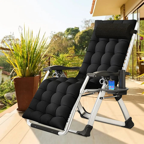 Cozy Folding Recliner Chair With Adjustable Back And Removable Cushion for patio lounging with 440 lb capacity, black