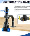 Curved Bike Repair Stand For Bench Mount Heavy Duty Workstand with 360-degree rotating clamp on wooden bench for maintenance.