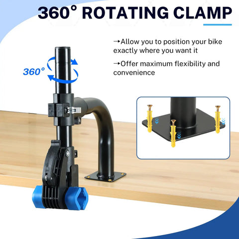 Curved Bike Repair Stand For Bench Mount Heavy Duty Workstand with 360-degree rotating clamp on wooden bench for maintenance.