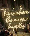 Lit This Is Where The Magic Happens Neon Sign Wall Decor LED 24x20 Inch Warm White Light for Weddings Parties Bar Vibe Engagement Gifts Birthday Decor glowing in dark setting