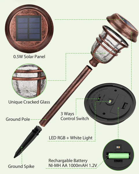 Six Pack RGBW Solar Pathway Lights Outdoor With Auto On Off IP65 Waterproof LED Garden Path Lights, solar panel, cracked glass.