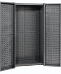 Straight Up Heavy Duty Storage Bin Cabinet With 132 Red Plastic Organizers Featuring Slick Louvered Doors Swinging Wide Open showing grey interior.