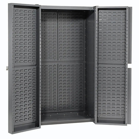 Straight Up Heavy Duty Storage Bin Cabinet With 132 Red Plastic Organizers Featuring Slick Louvered Doors Swinging Wide Open showing grey interior.
