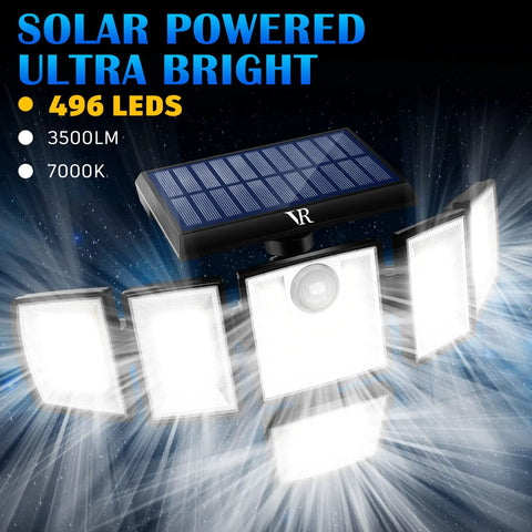 Solar Motion Sensor Flood Lights Outdoor With Six Heads 496 LEDs 3500 Lumen Cool White 360 Degree Illumination IP65 Waterproof