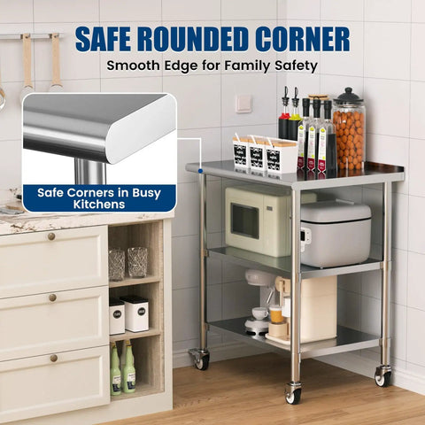 Stainless Steel Prep Table On Wheels 36x24 Inch NSF Food Prep Station With Backsplash And 2 Adjustable Undershelves in kitchen
