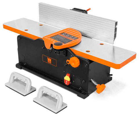 Heavy Duty 6 Inch Benchtop Jointer With 10 Amp Motor And Spiral Cutterhead For Silky Smooth Woodworking Edges, adjustable fence and safety features.